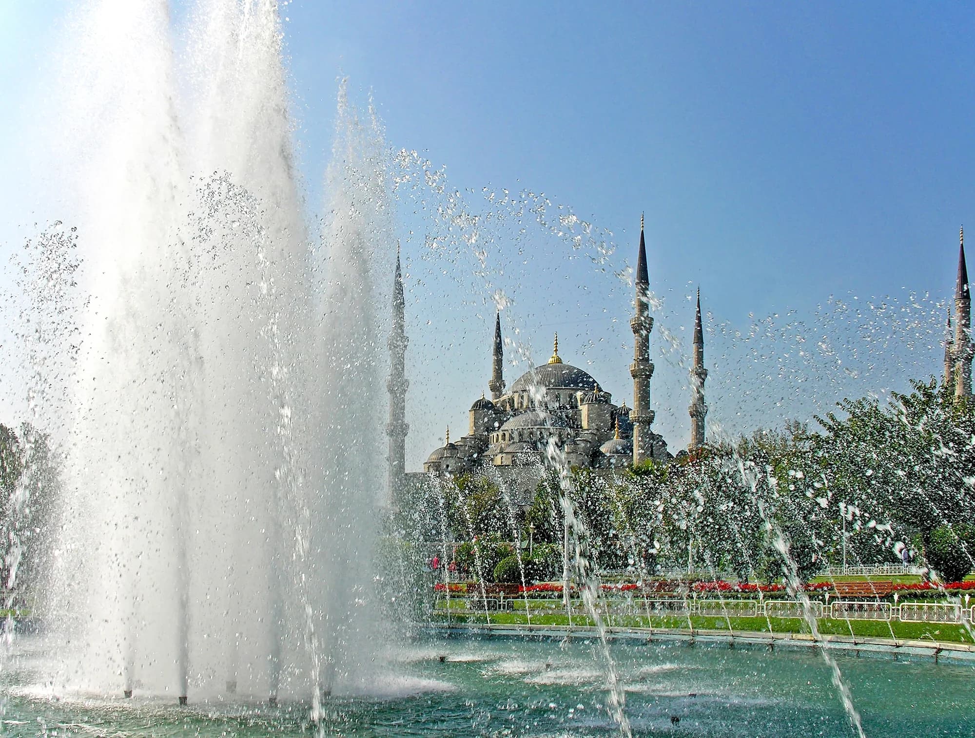 The view from the Iftar Pavilion at Topkapi Palace — the Bosphorus, the Golden Horn, and the Sea of Marmara meeting at a single point beneath a canopy of cypress trees and Ottoman domes