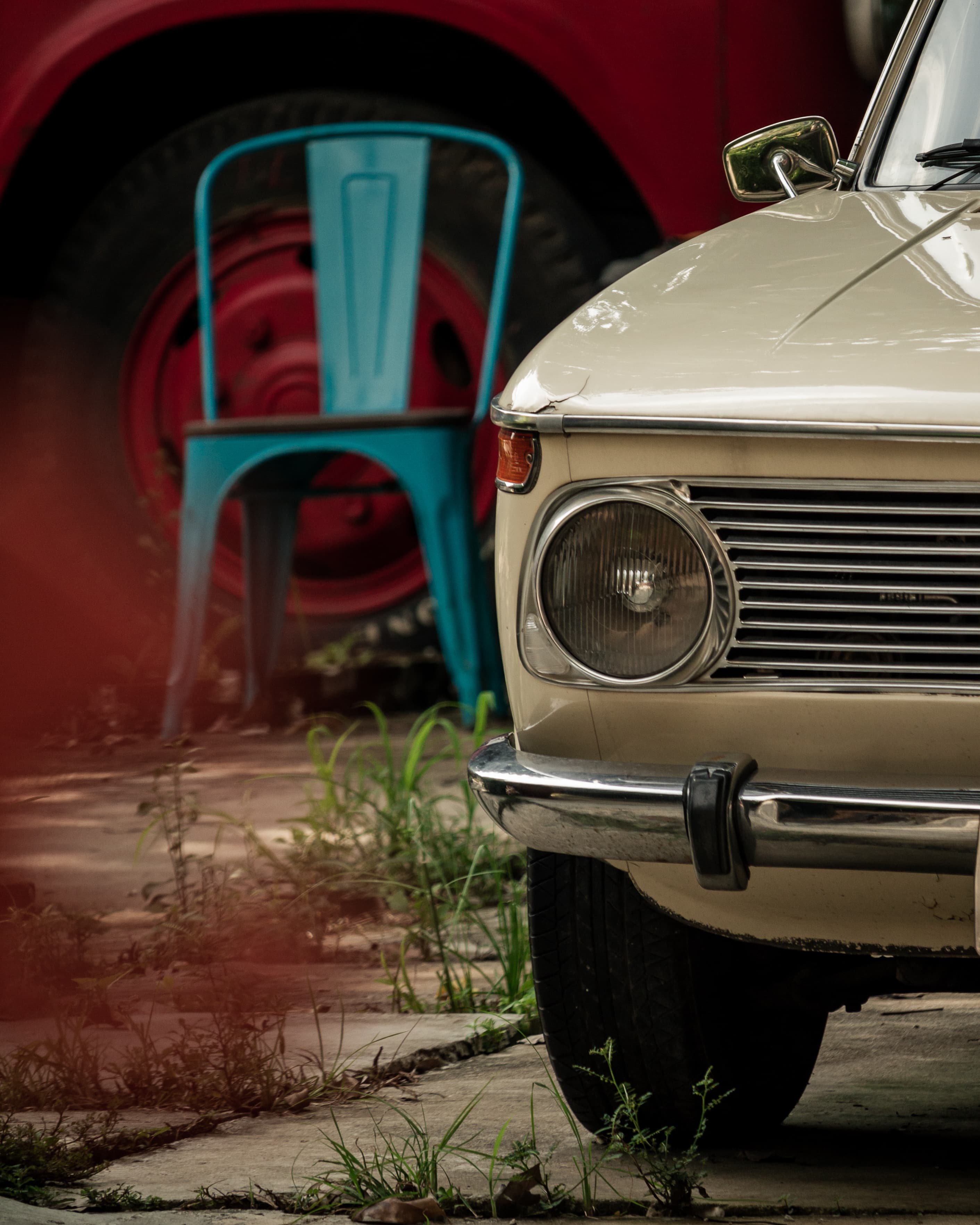 vertical shot retro beige car front