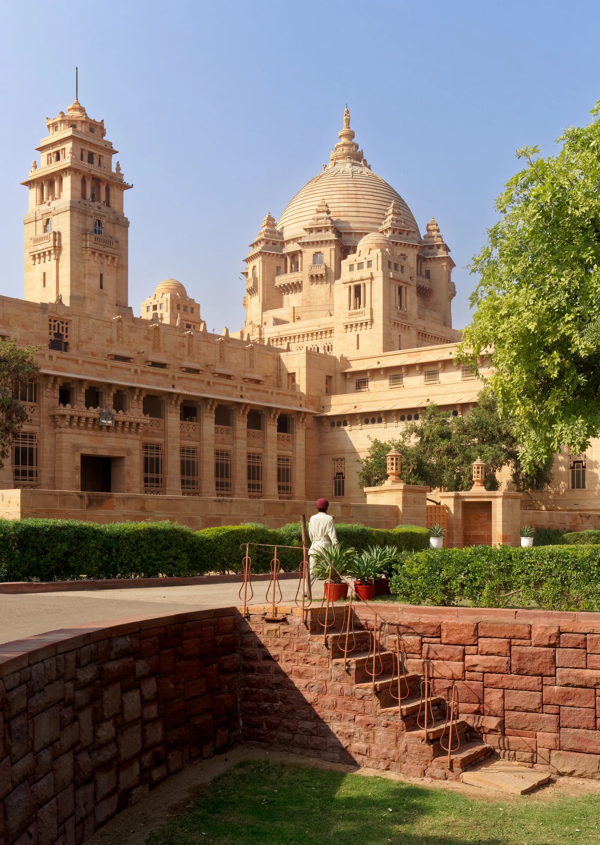 The central dome and cupola of Umaid Bhawan Palace — a 105-foot-high fusion inspired by the Buddhist stupa at Sanchi and the Taj Mahal, rendered in the streamlined geometry of Art Deco