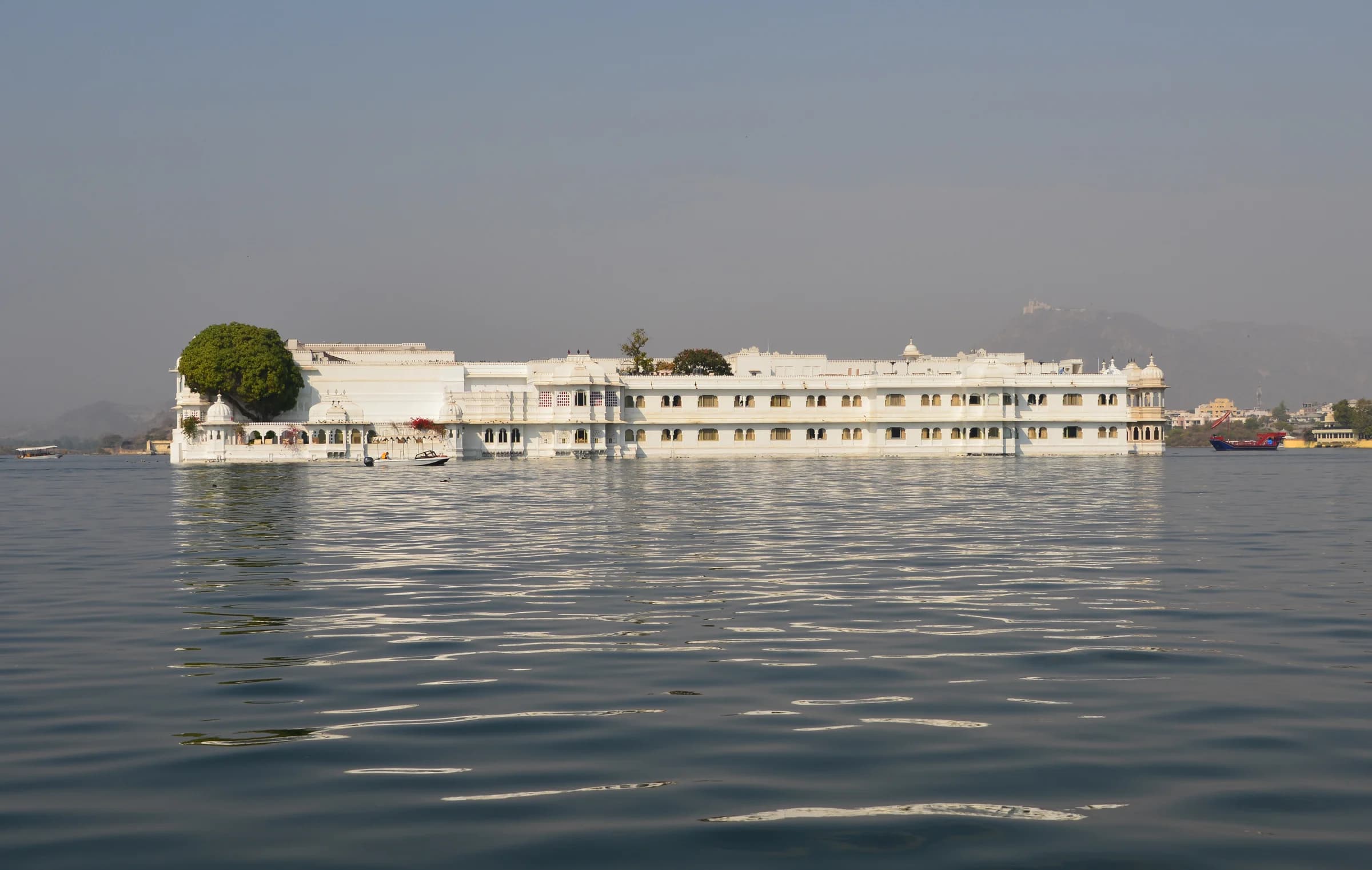 Taj Lake Palace at twilight — the white marble edifice floating on Lake Pichola, four centuries of Mewar royalty distilled into what is regularly ranked among the world's most romantic hotels