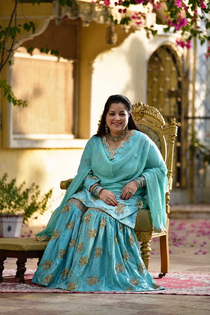 Aaliya Sultana Babi, The Dinosaur Princess of Balasinor, seated in a gilded chair in Gujarat